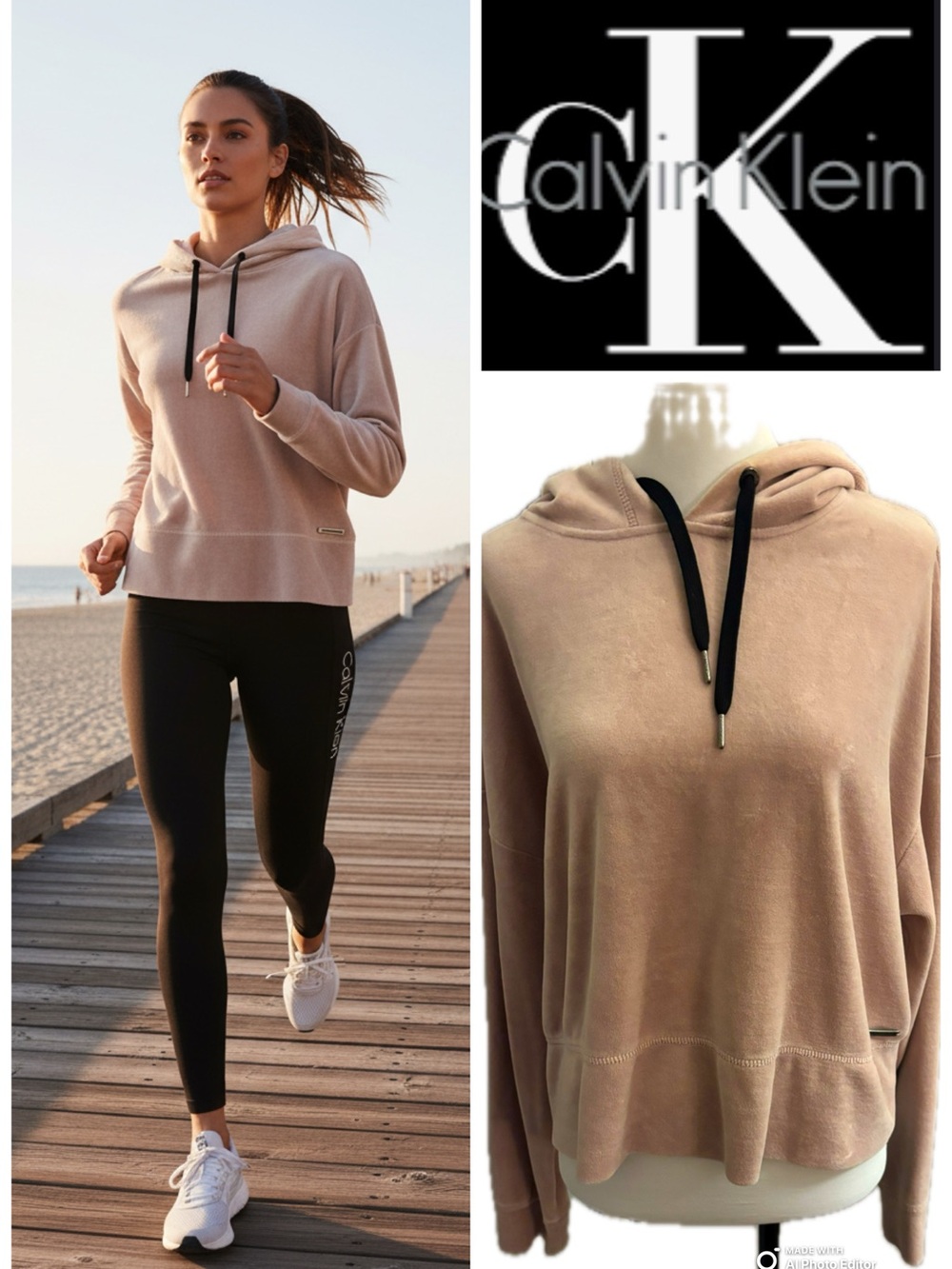 Calvin Klein Women’s Blush Hoodie with Black Drawstrings